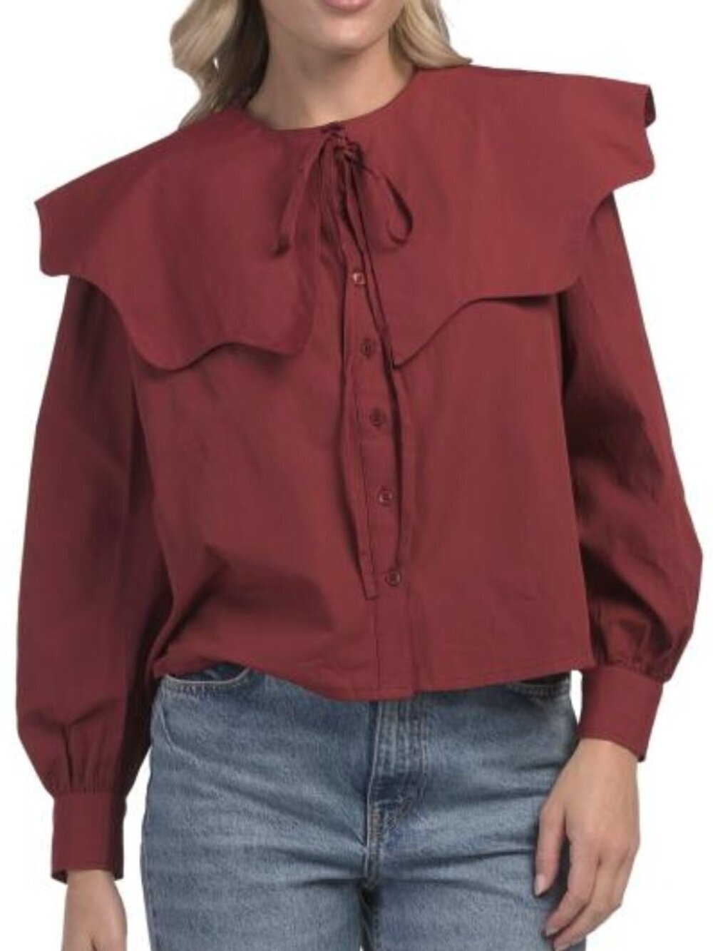 Statement Scallop Collar Tie-Neck Blouse in Deep Red   M
